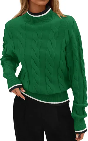 ZESICA Women's Casual Long Sleeve Mock Neck Cable Knit Contrast Color Fall Winter Chunky Pullover Sweater