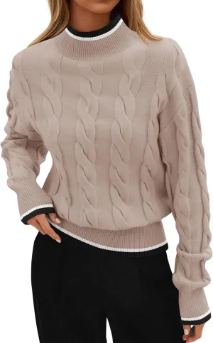 ZESICA Women's Casual Long Sleeve Mock Neck Cable Knit Contrast Color Fall Winter Chunky Pullover Sweater