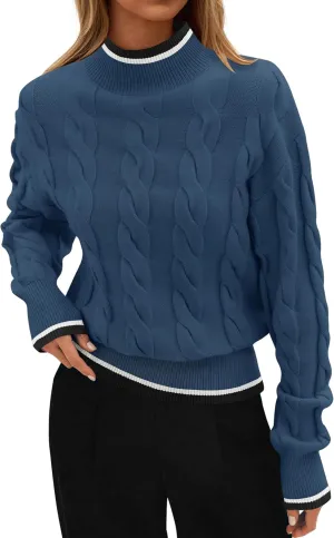 ZESICA Women's Casual Long Sleeve Mock Neck Cable Knit Contrast Color Fall Winter Chunky Pullover Sweater