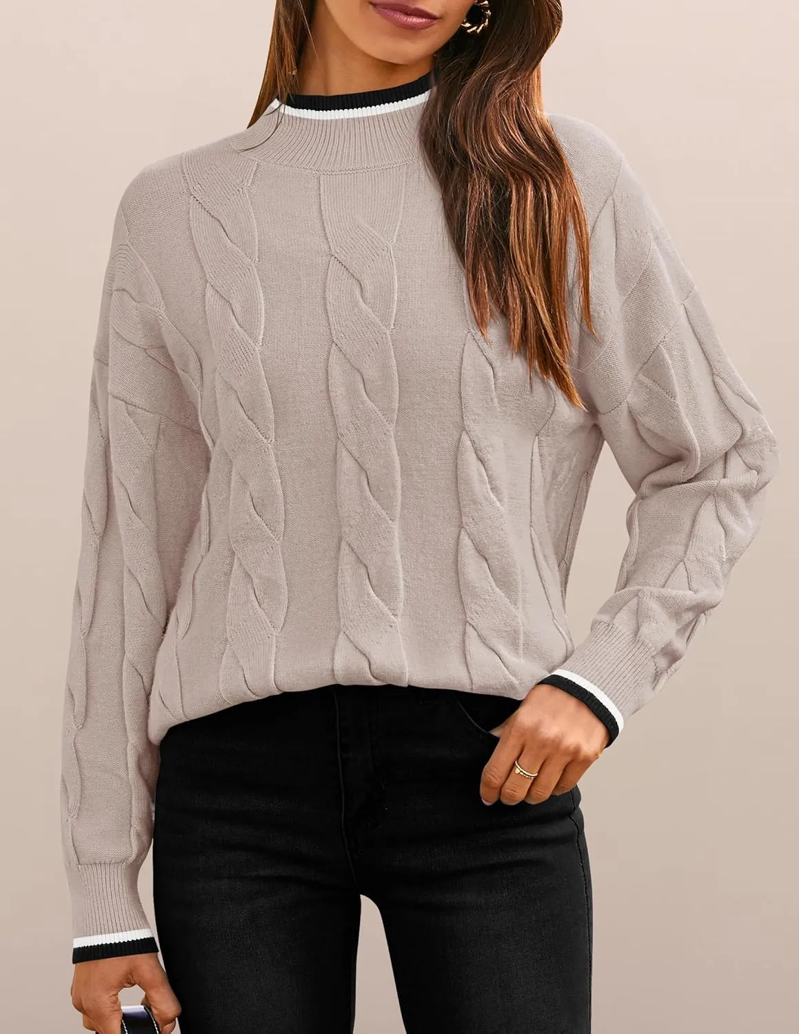 ZESICA Women's Casual Long Sleeve Mock Neck Cable Knit Contrast Color Fall Winter Chunky Pullover Sweater