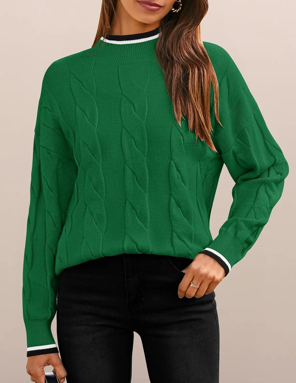 ZESICA Women's Casual Long Sleeve Mock Neck Cable Knit Contrast Color Fall Winter Chunky Pullover Sweater