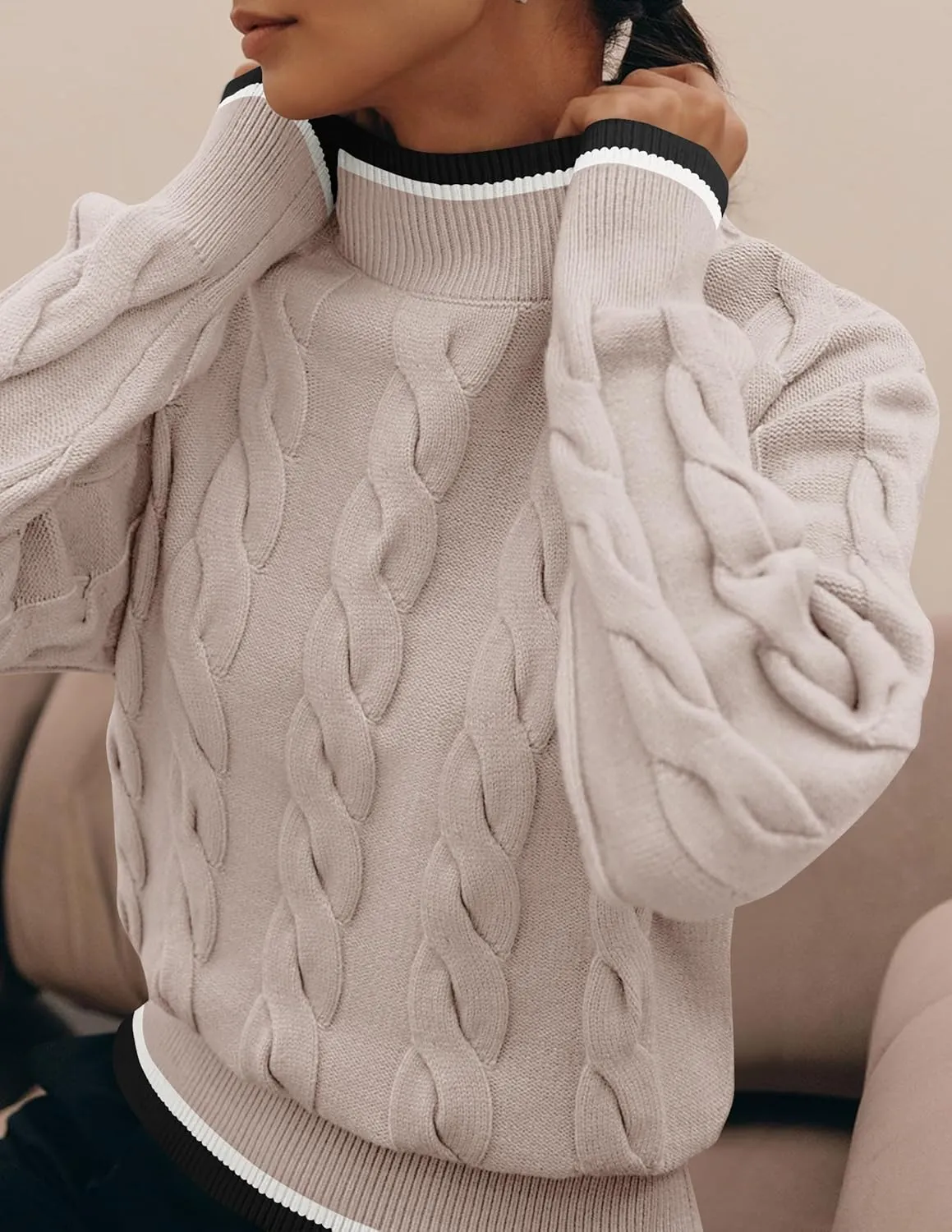 ZESICA Women's Casual Long Sleeve Mock Neck Cable Knit Contrast Color Fall Winter Chunky Pullover Sweater