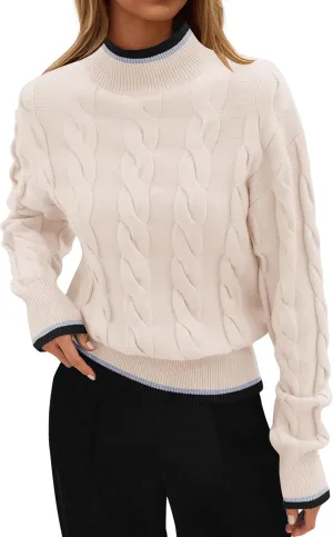 ZESICA Women's Casual Long Sleeve Mock Neck Cable Knit Contrast Color Fall Winter Chunky Pullover Sweater