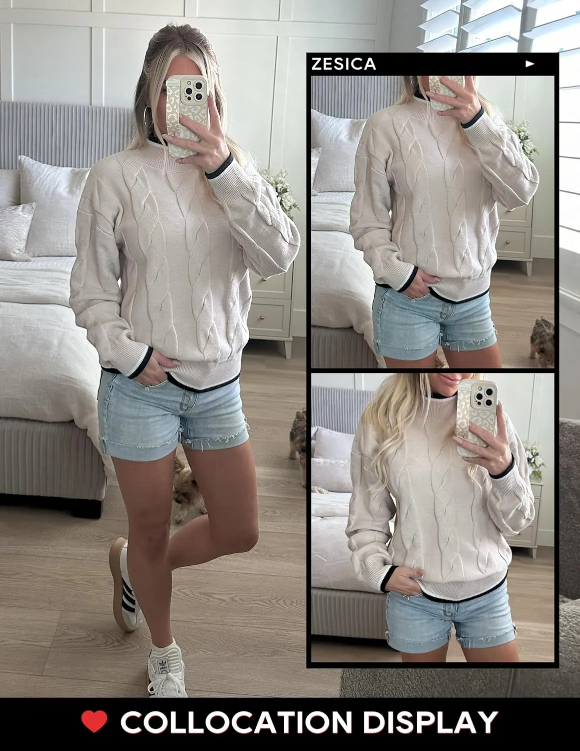 ZESICA Women's Casual Long Sleeve Mock Neck Cable Knit Contrast Color Fall Winter Chunky Pullover Sweater