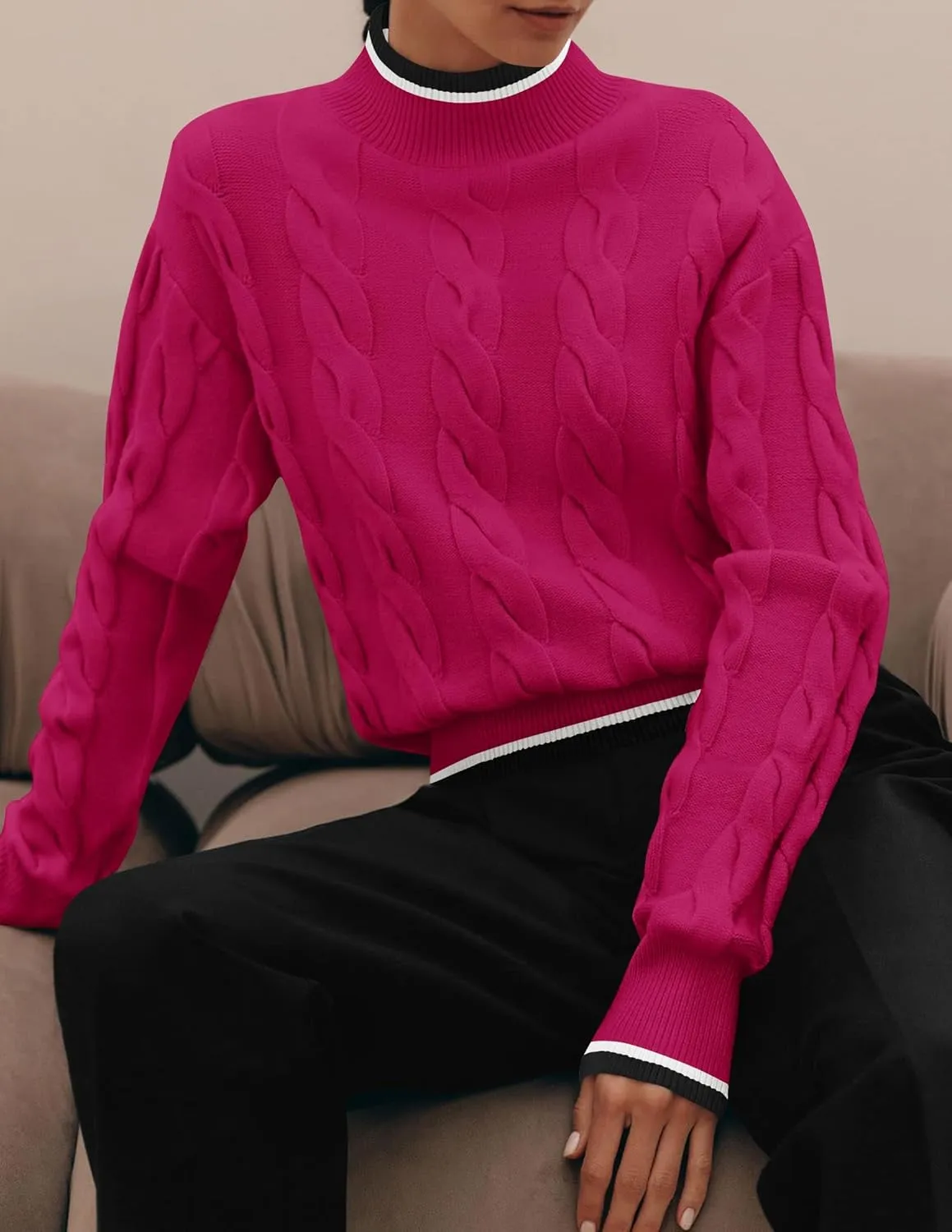 ZESICA Women's Casual Long Sleeve Mock Neck Cable Knit Contrast Color Fall Winter Chunky Pullover Sweater