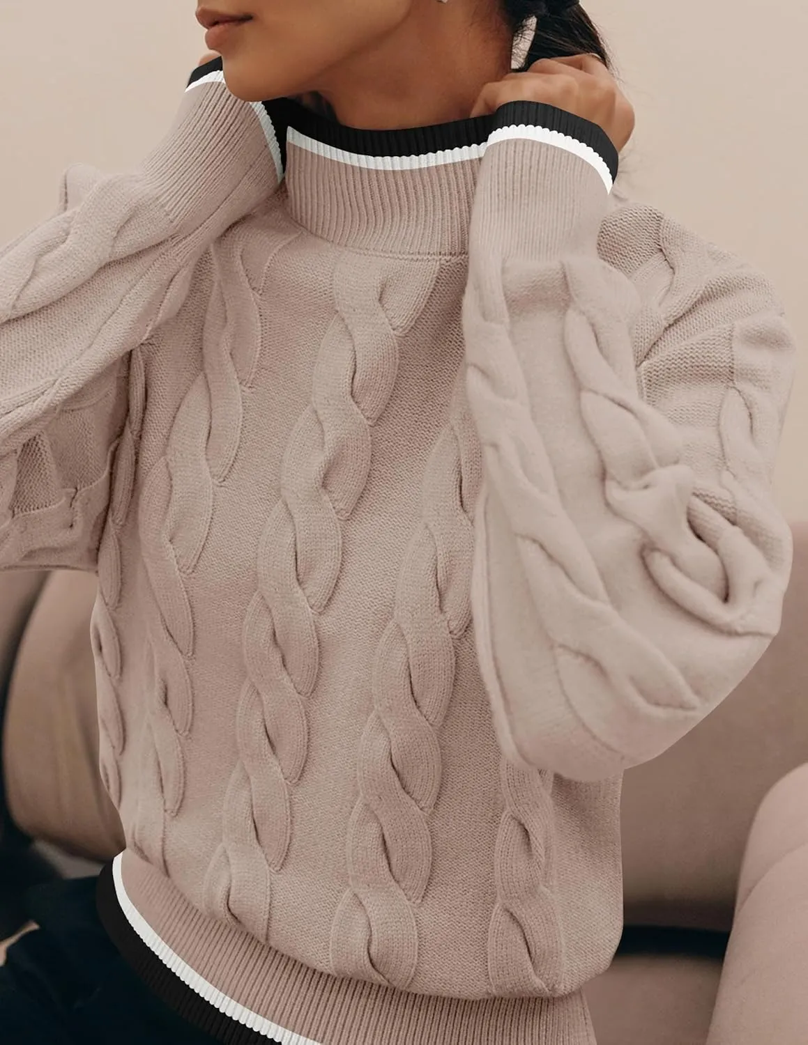 ZESICA Women's Casual Long Sleeve Mock Neck Cable Knit Contrast Color Fall Winter Chunky Pullover Sweater