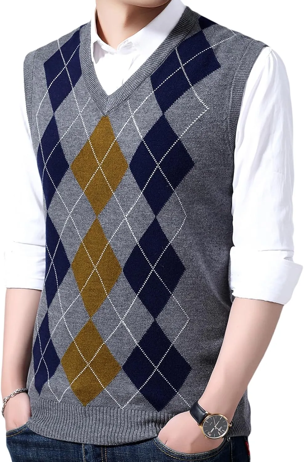 ZUEVI Men's Sweater Vests V-Neck Sleeveless Knitted Pullover Sweaters Relax Fit Classic Striped Vest Knitwear