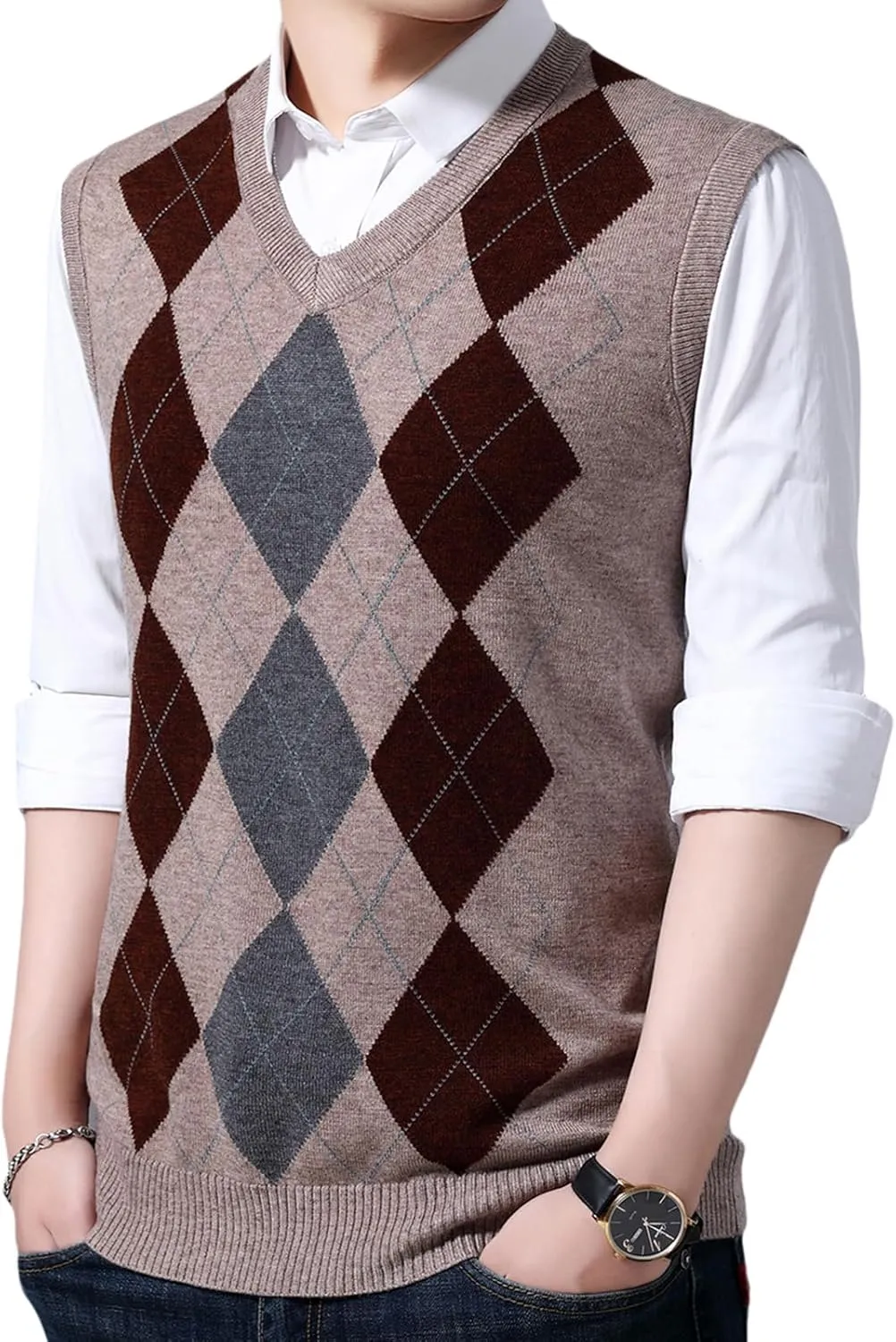 ZUEVI Men's Sweater Vests V-Neck Sleeveless Knitted Pullover Sweaters Relax Fit Classic Striped Vest Knitwear