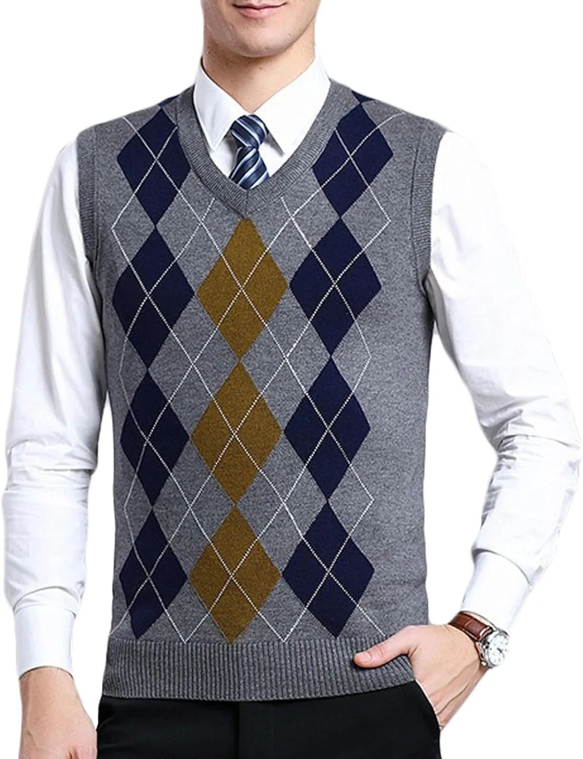 ZUEVI Men's Sweater Vests V-Neck Sleeveless Knitted Pullover Sweaters Relax Fit Classic Striped Vest Knitwear